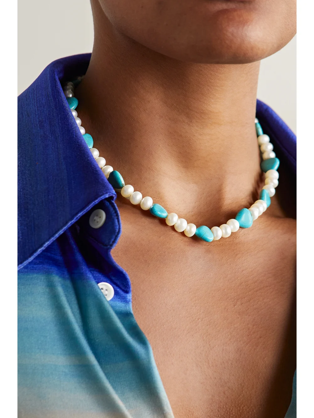 Jia Jia Gold-tone Turquoise and Pearl Necklace, styled view