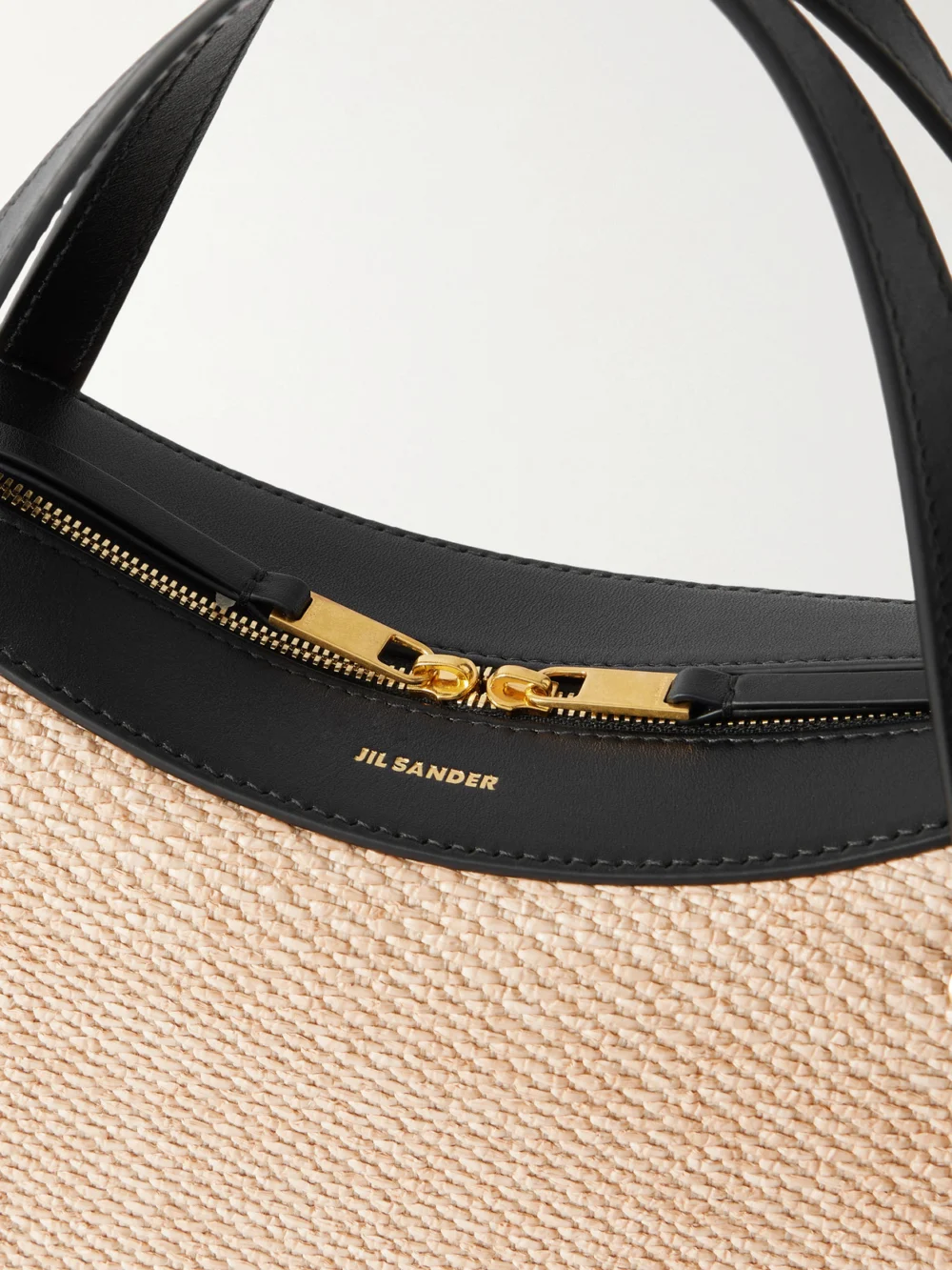 Close-up detail of the Jil Sander Dune Leather and Raffia Shoulder Bag