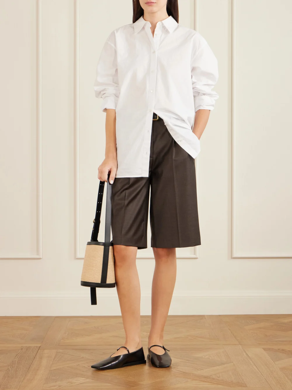 Jil Sander Leather-trimmed Raffia Bucket Bag, styled view
