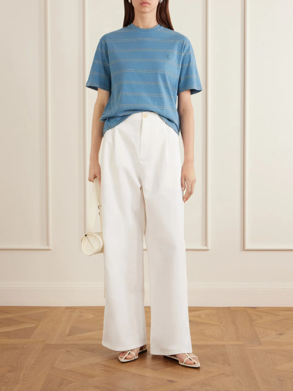 Jil Sander Logo-embossed Striped Cotton T-shirt, worn by a model