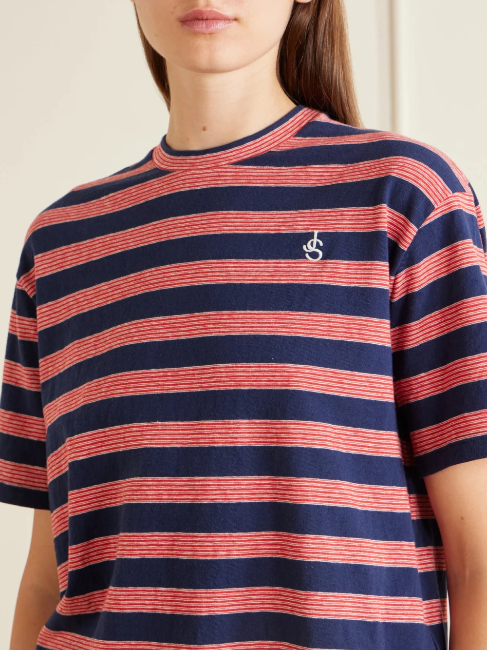 Close-up detail of the Jil Sander Loogo-embroidered Striped Cotton T-shirt