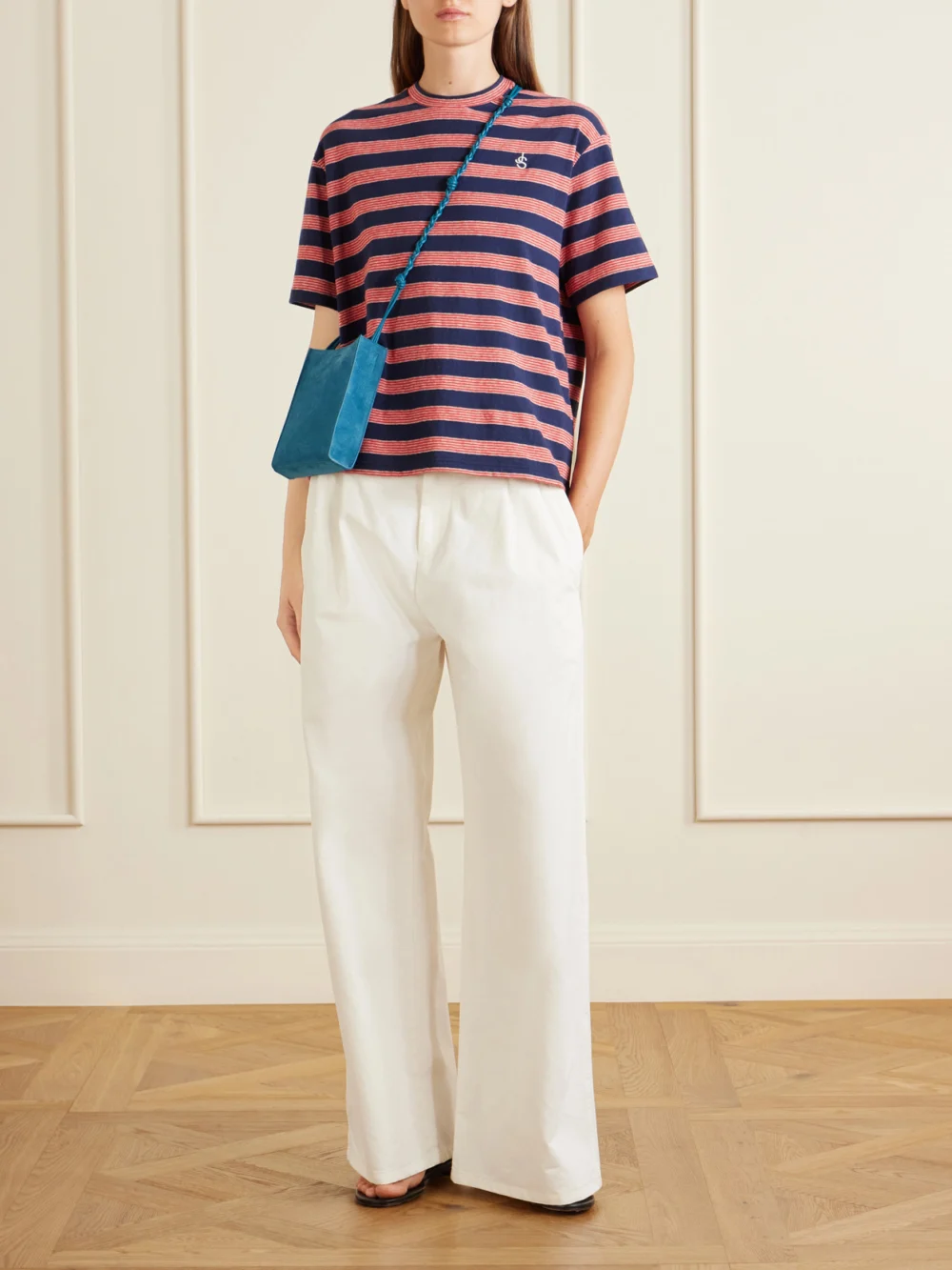 Jil Sander Loogo-embroidered Striped Cotton T-shirt, worn by a model
