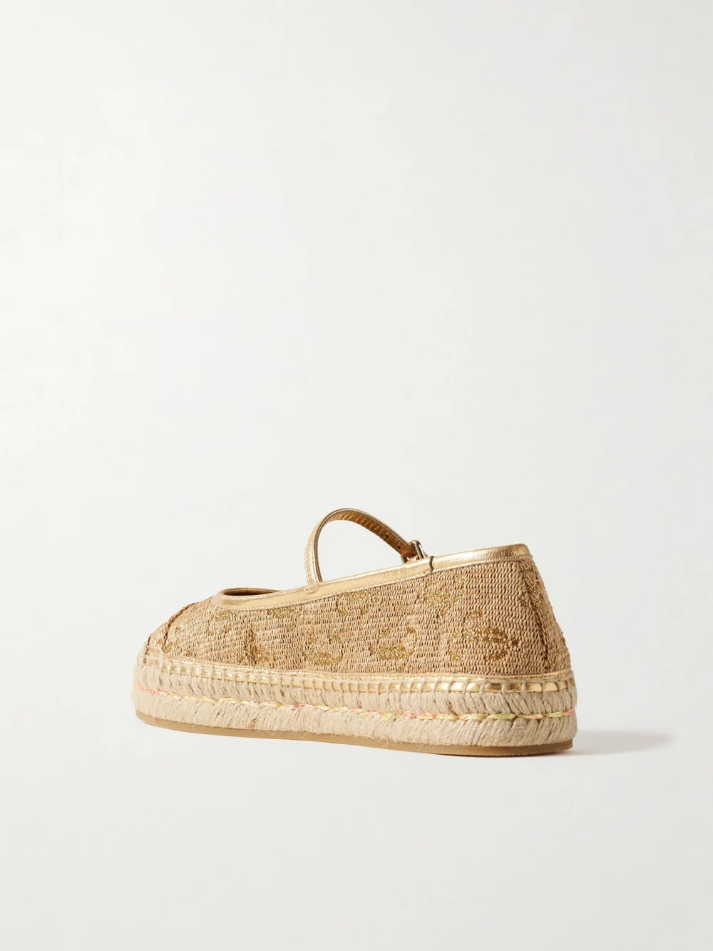 Back view of the Jimmy Choo 20 Metallic Leather-trimmed Logo-embroidered Straw Platform Espadrilles