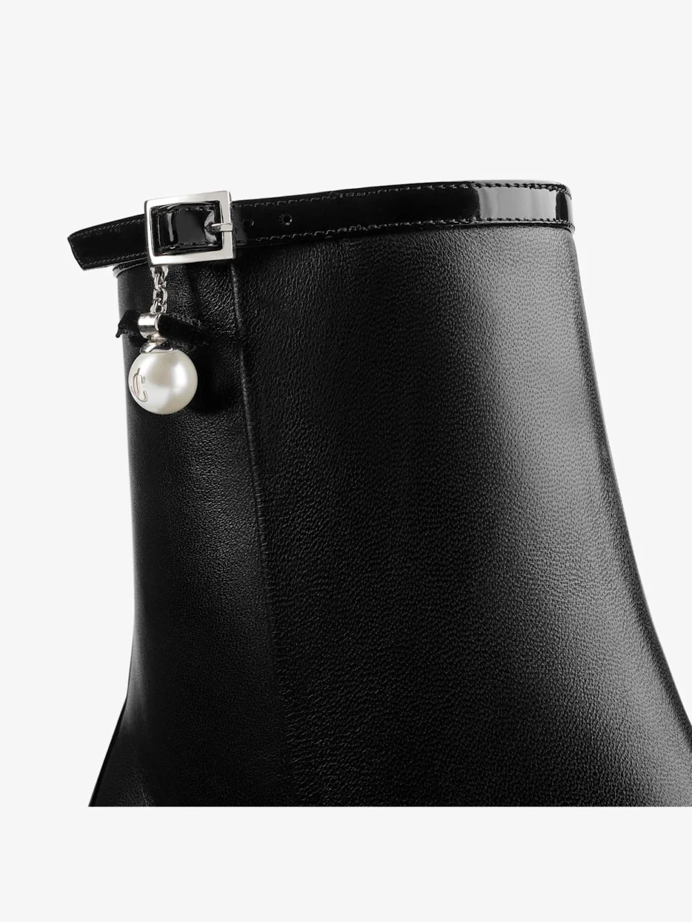 Back view of the Jimmy Choo Adry Ankle Boot 60 Black Patent and Nappa Leather Boots with Pearl Charm