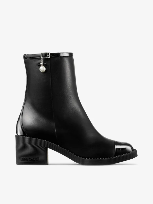 Jimmy Choo Adry Ankle Boot 60 Black Patent and Nappa Leather Boots with Pearl Charm
