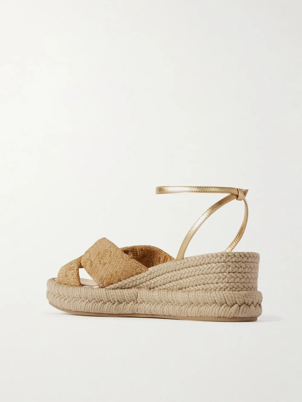 Back view of the Jimmy Choo Aella 60 Raffia-jacquard and Leather Wedge Sandals