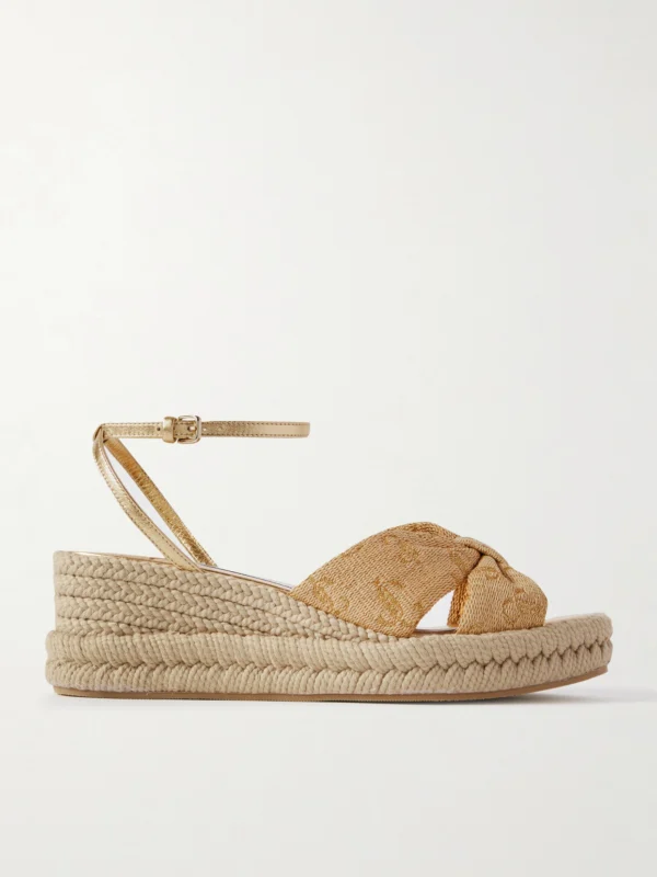 Jimmy Choo Aella 60 Raffia-jacquard and Leather Wedge Sandals