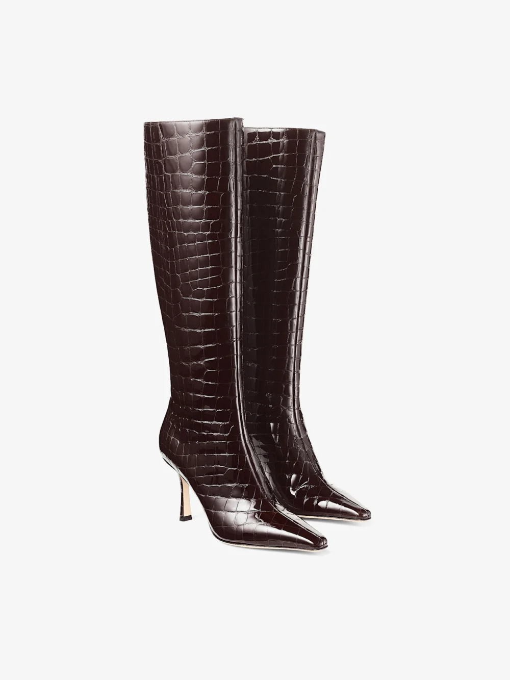 Close-up detail of the Jimmy Choo Agathe Knee Boot 85 Sambuco Shiny Croc Embossed Leather Knee High Boots