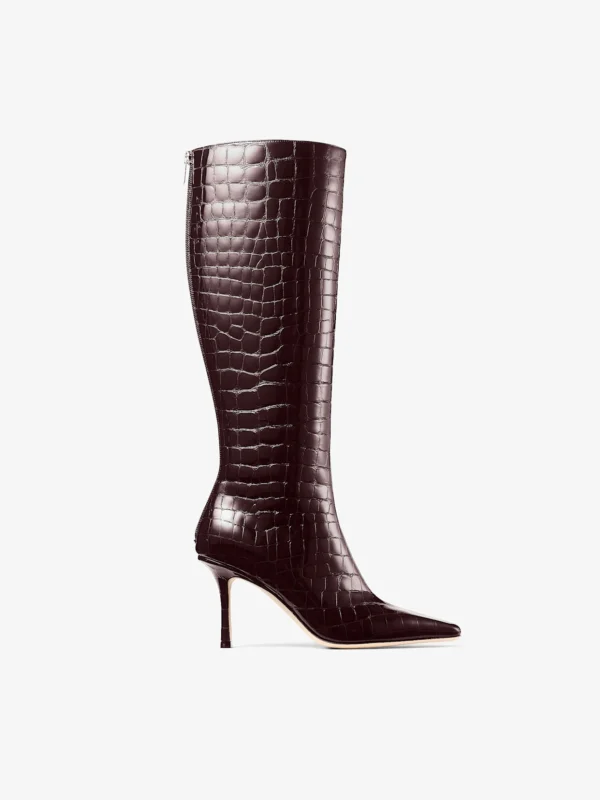 Jimmy Choo Agathe Knee Boot 85 Sambuco Shiny Croc Embossed Leather Knee High Boots