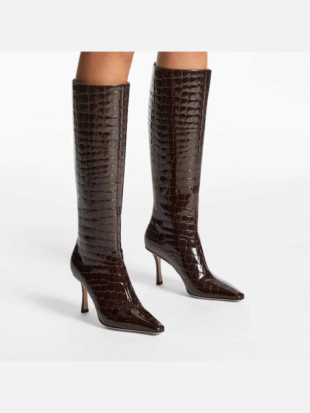 Side view of the Jimmy Choo Agathe Knee Boot 85 Sambuco Shiny Croc Embossed Leather Knee High Boots