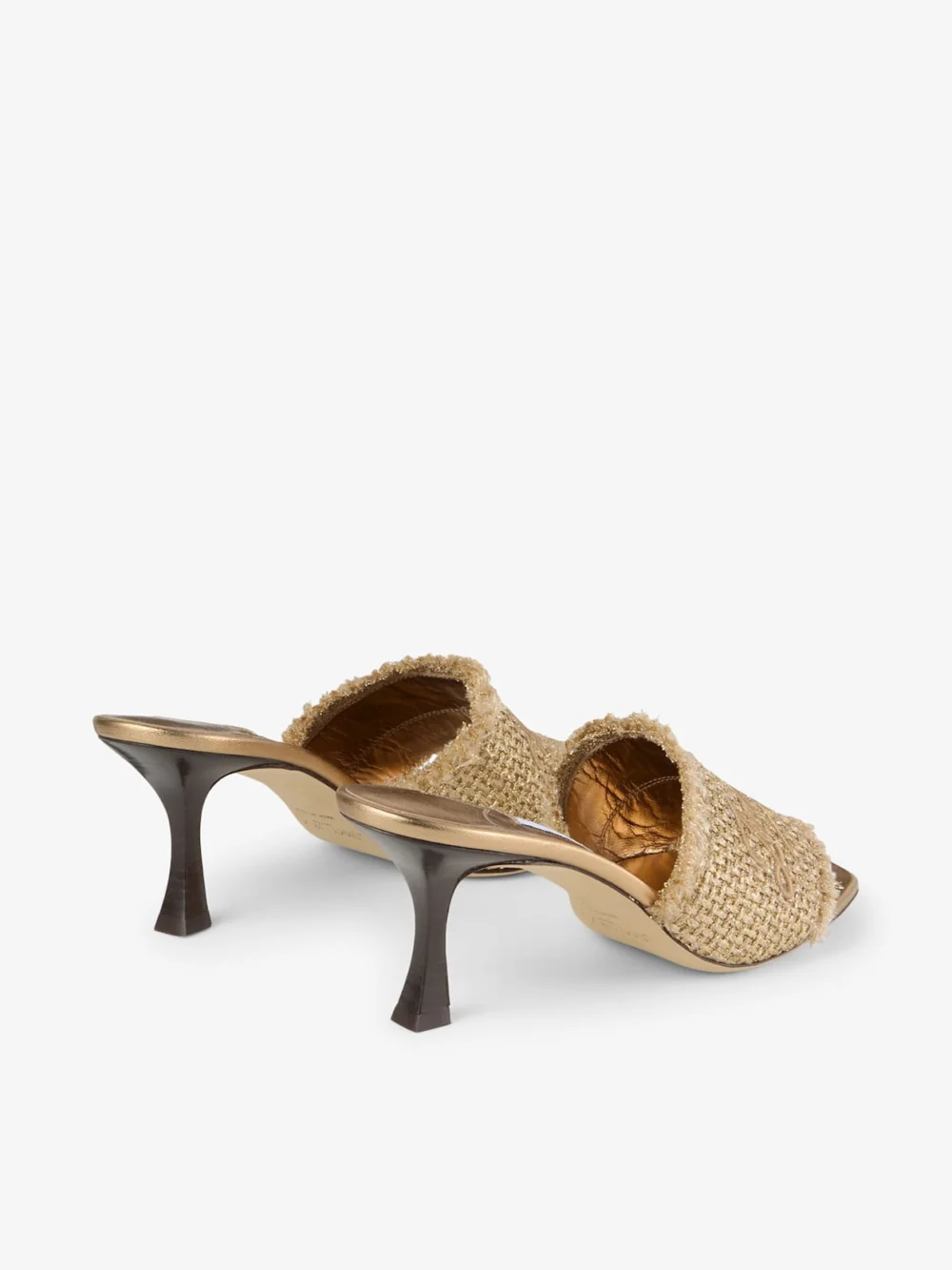 Back view of the Jimmy Choo Alexia 70 Gold Woven Lurex Sandals