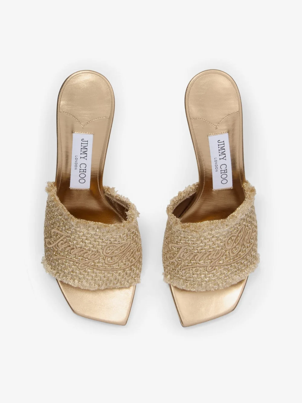 Close-up detail of the Jimmy Choo Alexia 70 Gold Woven Lurex Sandals