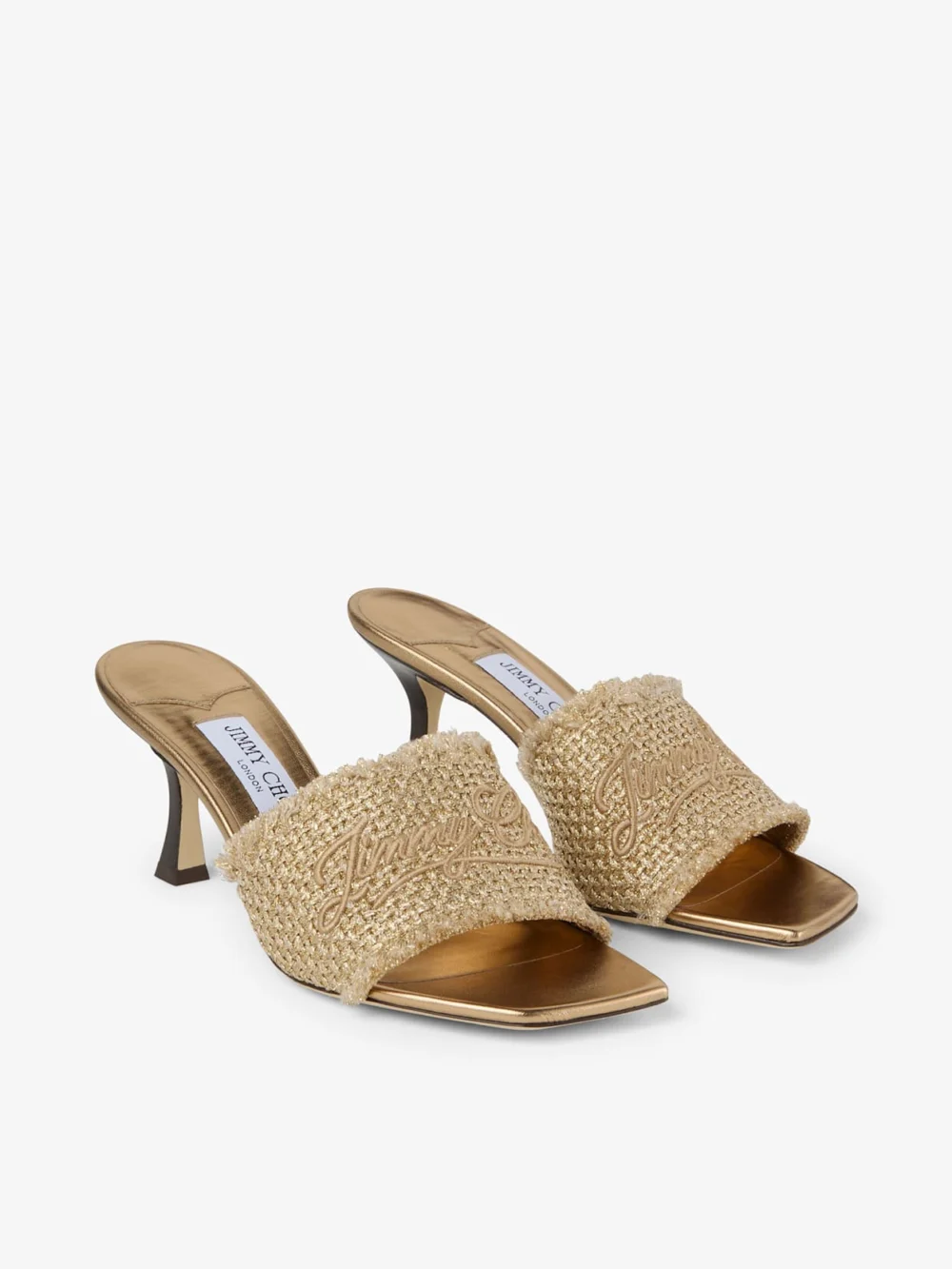 Side view of the Jimmy Choo Alexia 70 Gold Woven Lurex Sandals