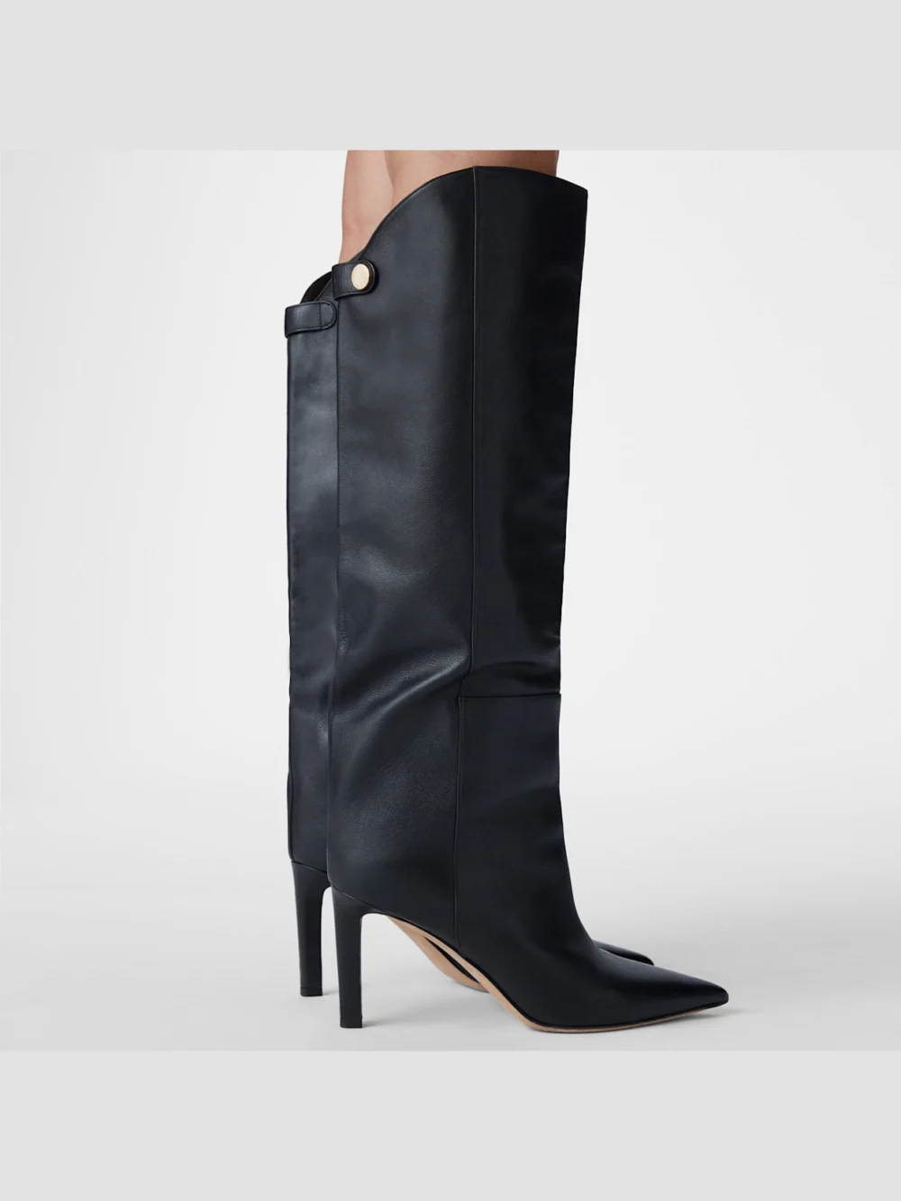 Close-up detail of the Jimmy Choo Alizze Knee Boot 85 Black Smooth Leather Knee High Boots