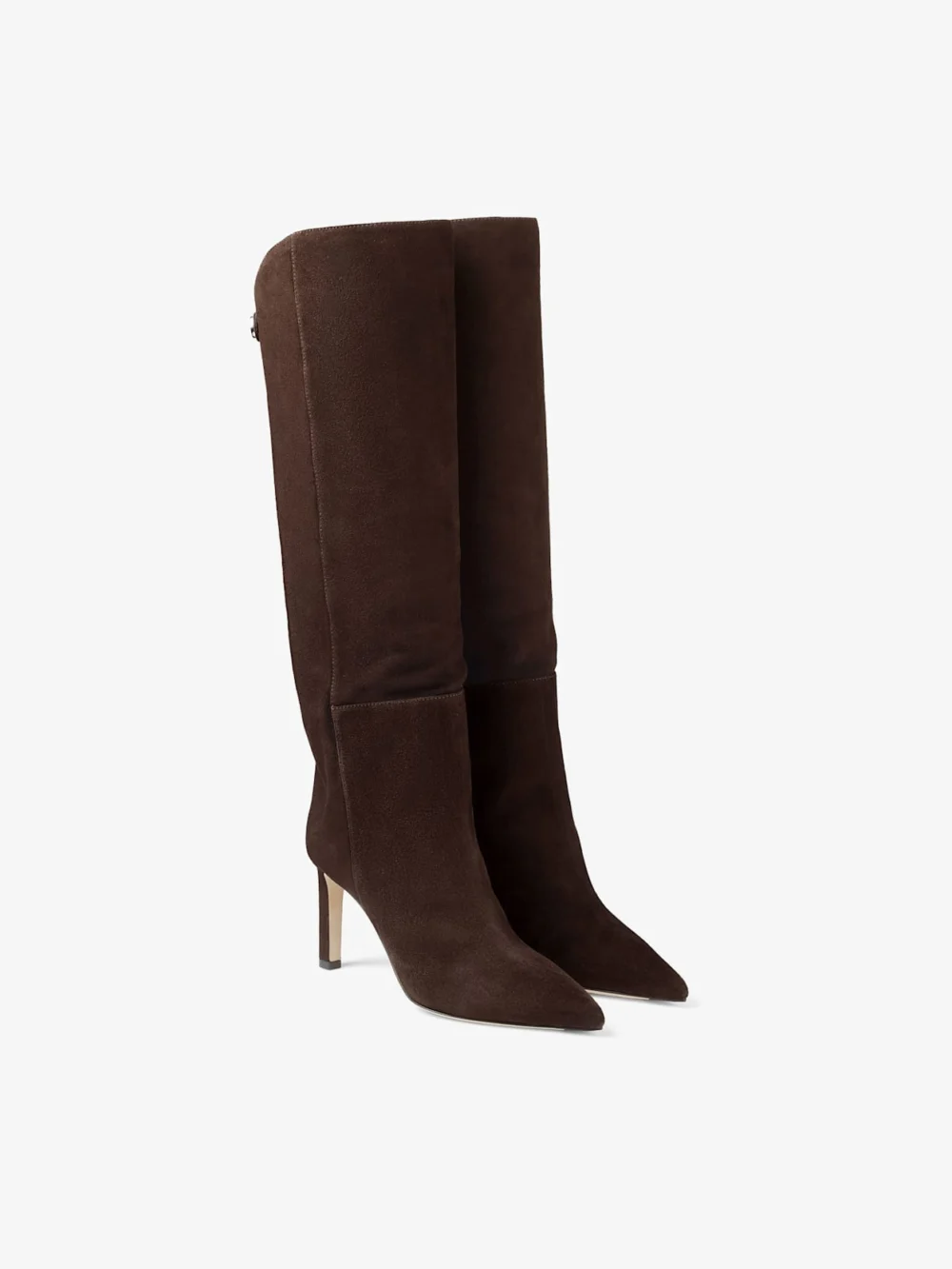 Side view of the Jimmy Choo Alizze Knee Boot 85 Chocolate Suede Knee High Boots