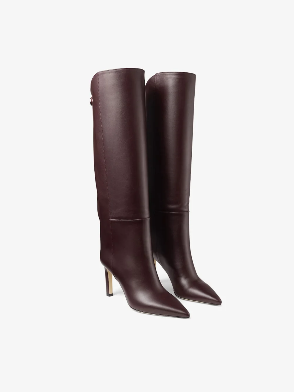 Close-up detail of the Jimmy Choo Alizze Knee Boot 85 Deep Merlot Smooth Leather Knee High Boots