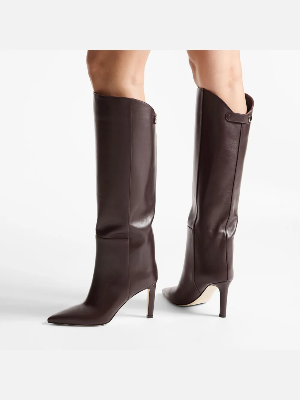 Side view of the Jimmy Choo Alizze Knee Boot 85 Deep Merlot Smooth Leather Knee High Boots