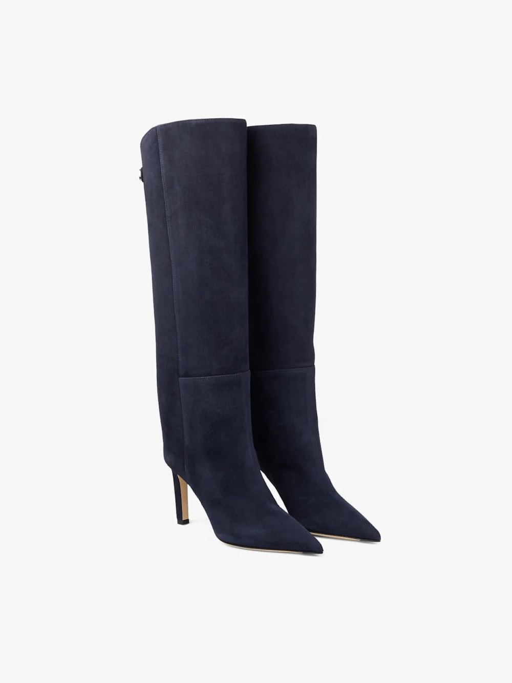 Close-up detail of the Jimmy Choo Alizze Knee Boot 85 Marine Suede Knee High Boots with Strap Detail