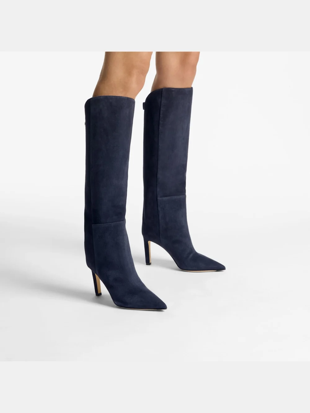 Side view of the Jimmy Choo Alizze Knee Boot 85 Marine Suede Knee High Boots with Strap Detail