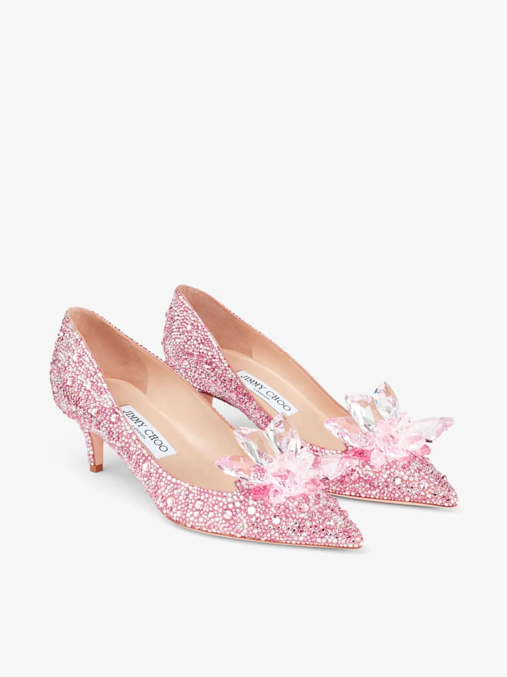 Side view of the Jimmy Choo Allure Rose Mix Suede and Crystal Covered Pointy Toe Pumps