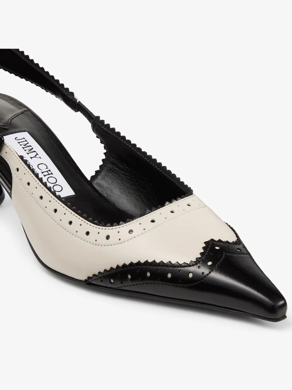 Back view of the Jimmy Choo Amel 50 Black and Bone Leather Slingbacks with Brogue Detailing