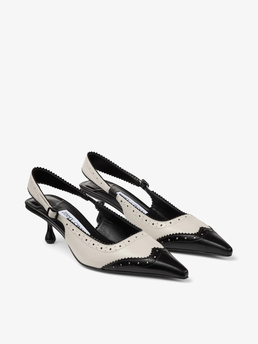 Close-up detail of the Jimmy Choo Amel 50 Black and Bone Leather Slingbacks with Brogue Detailing
