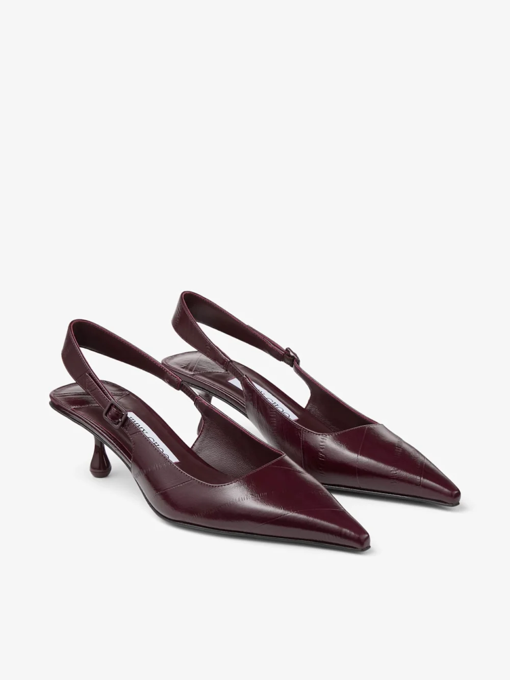 Close-up detail of the Jimmy Choo Amel 50 Deep Merlot Eel Printed Leather Slingbacks