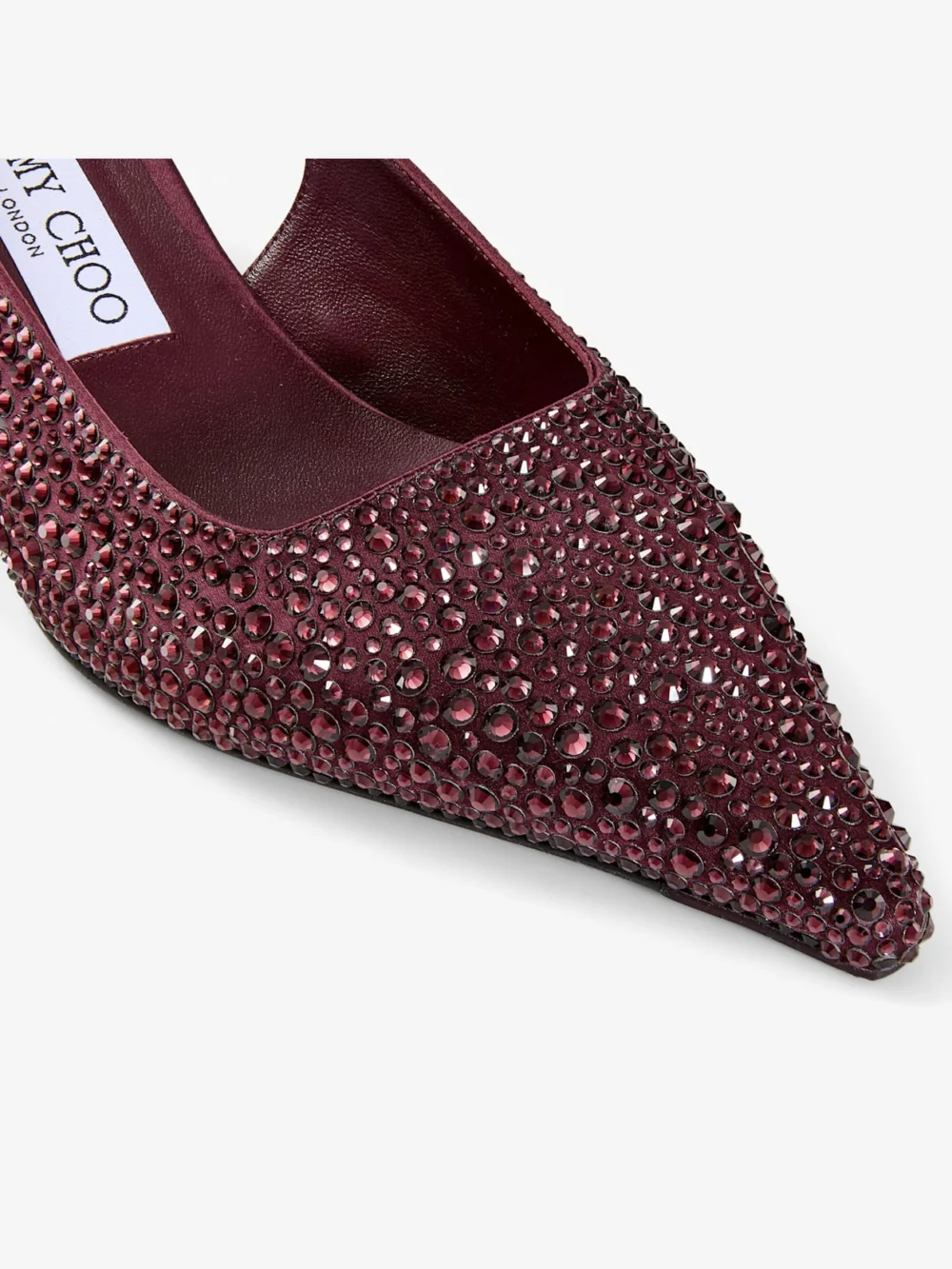Back view of the Jimmy Choo Amel 50 Deep Merlot Satin Slingbacks with Princess Hotfix