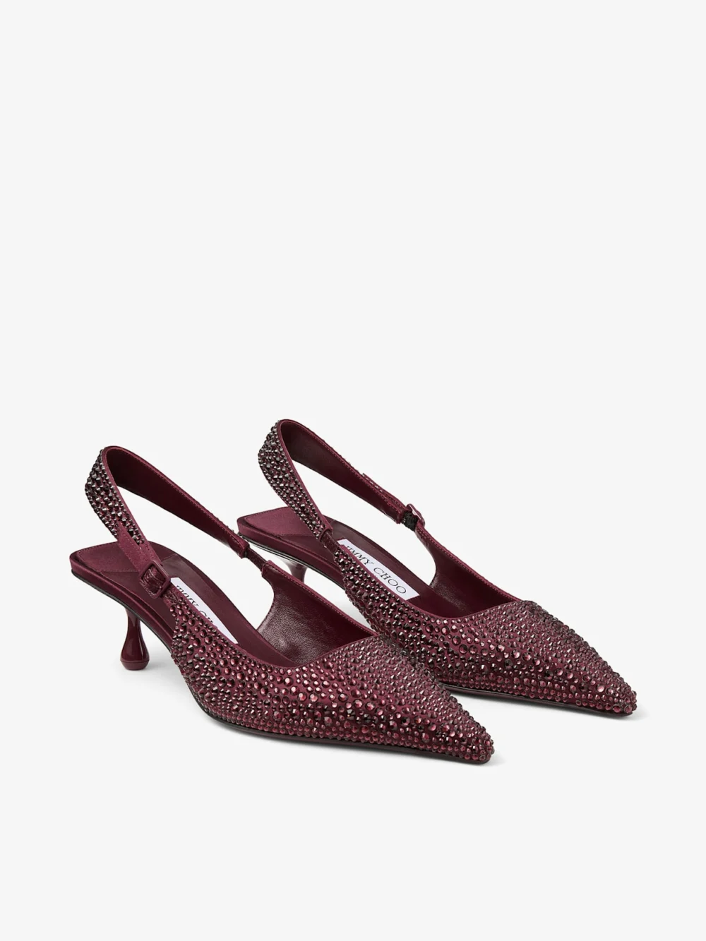 Close-up detail of the Jimmy Choo Amel 50 Deep Merlot Satin Slingbacks with Princess Hotfix