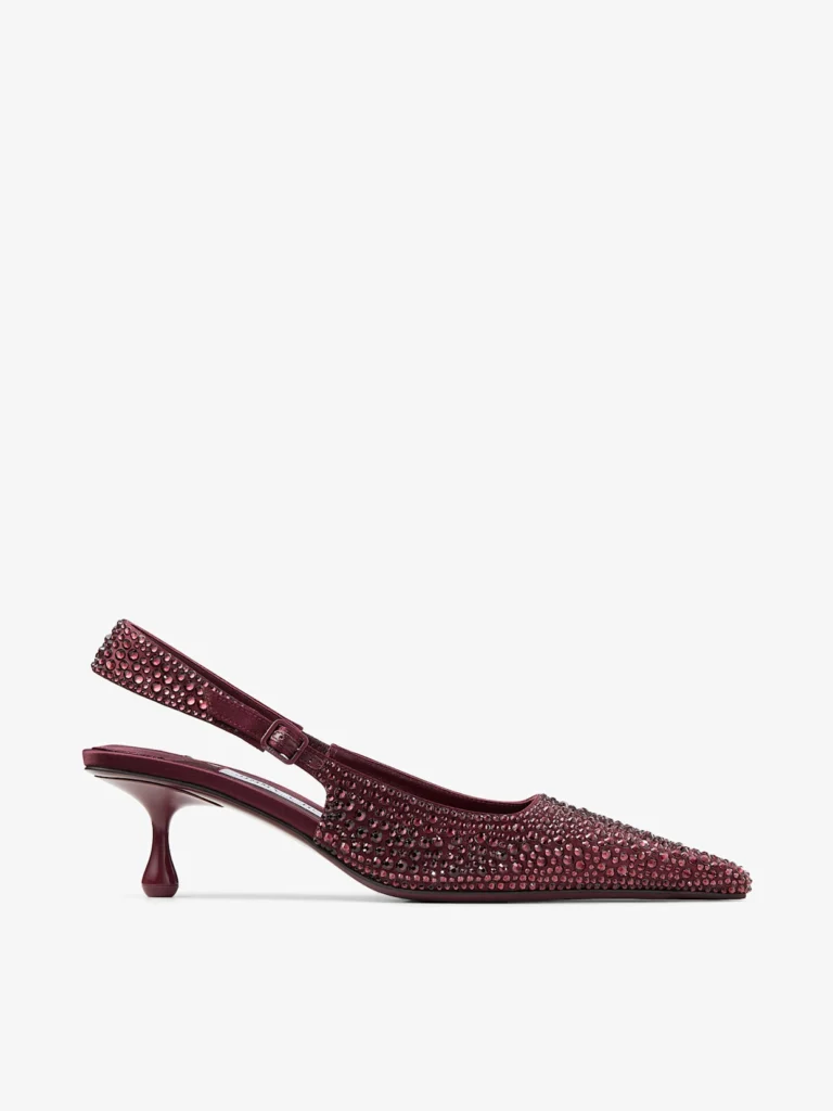 Jimmy Choo Amel 50 Deep Merlot Satin Slingbacks with Princess Hotfix