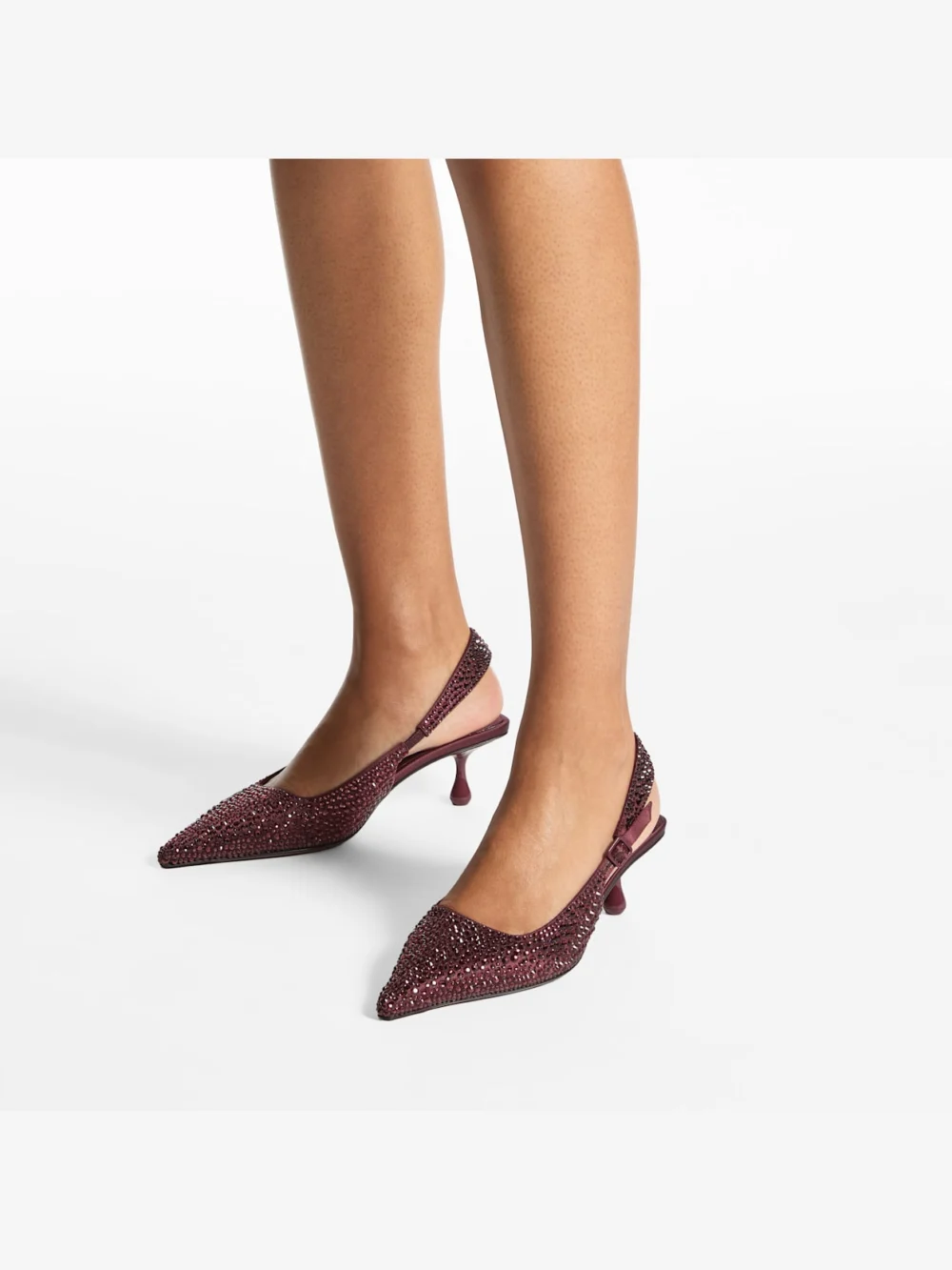 Side view of the Jimmy Choo Amel 50 Deep Merlot Satin Slingbacks with Princess Hotfix