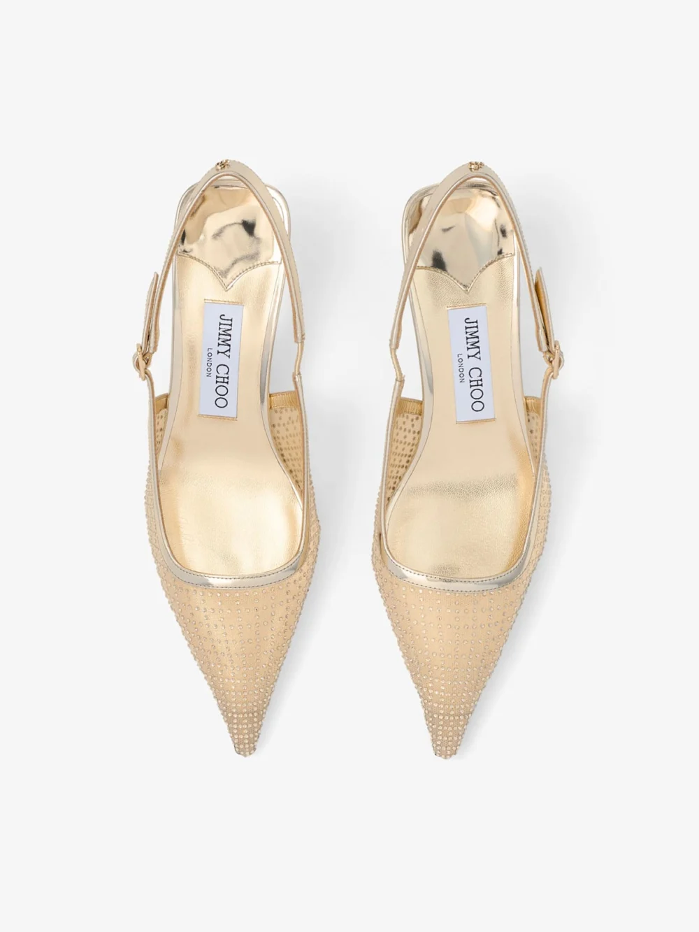 Back view of the Jimmy Choo Amel 50 Gold Illusion Crystal Mesh and Liquid Metal Leather Pumps