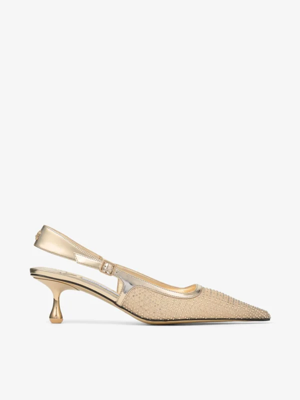 Jimmy Choo Amel 50 Gold Illusion Crystal Mesh and Liquid Metal Leather Pumps