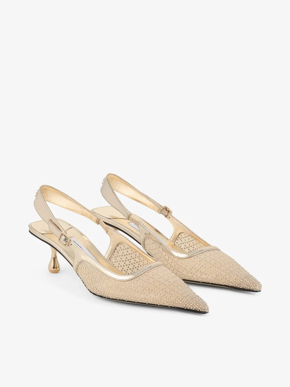 Side view of the Jimmy Choo Amel 50 Gold Illusion Crystal Mesh and Liquid Metal Leather Pumps