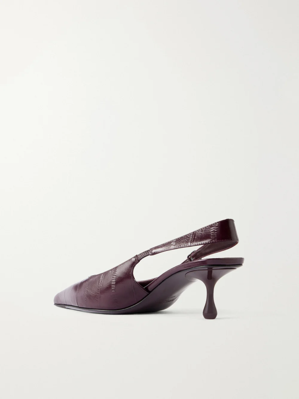 Back view of the Jimmy Choo Amel 50 Logo-embellished Textured-leather Slingback Pumps