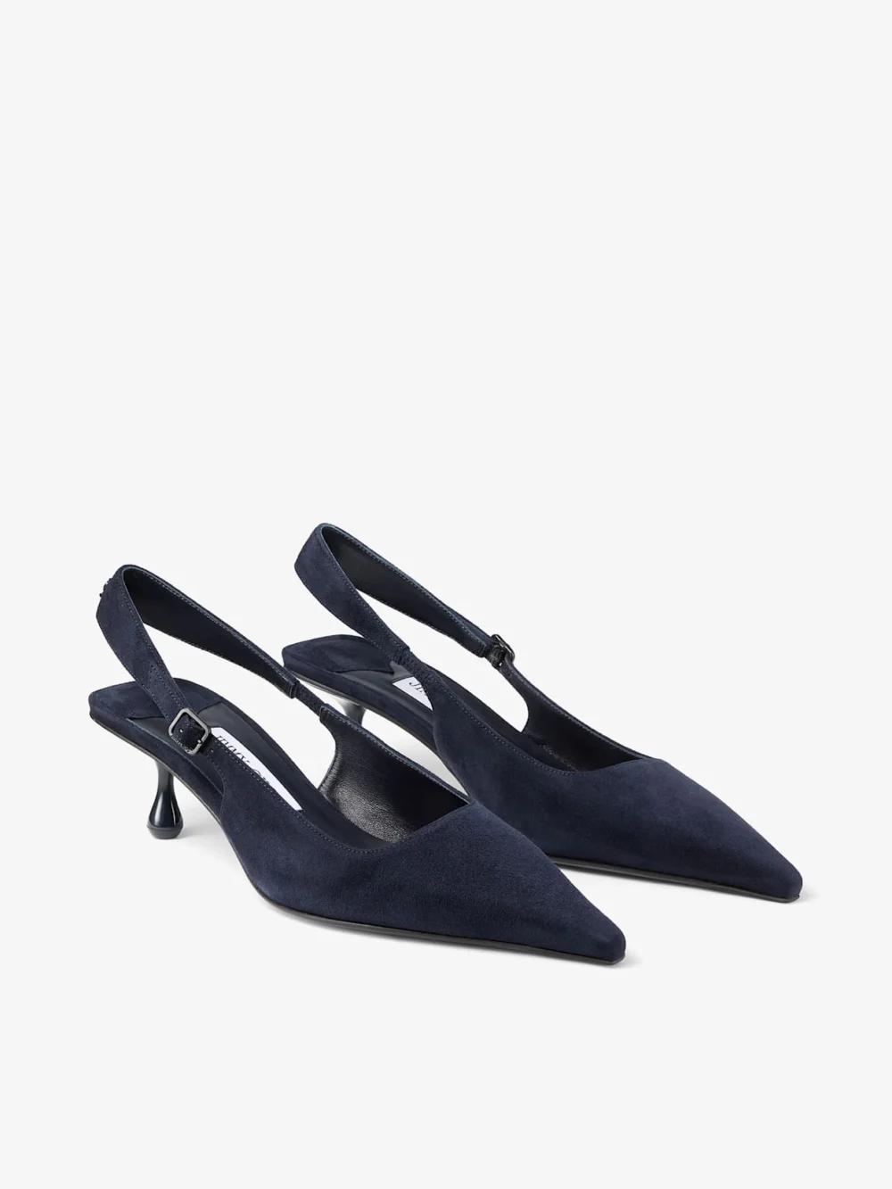 Close-up detail of the Jimmy Choo Amel 50 Marine Suede Slingbacks