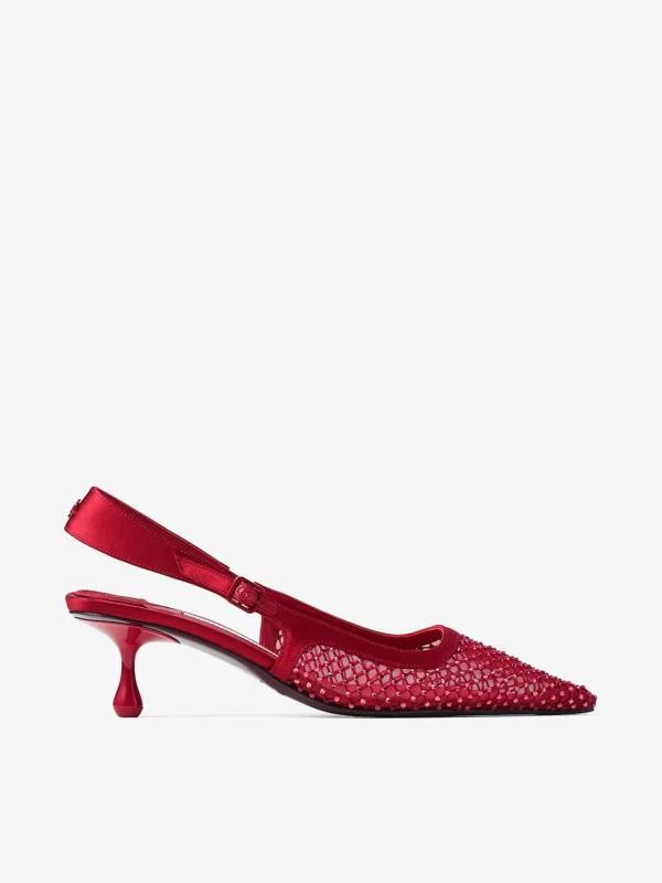 Jimmy Choo Amel 50 Ruby Red Crystal Mesh and Satin Pumps