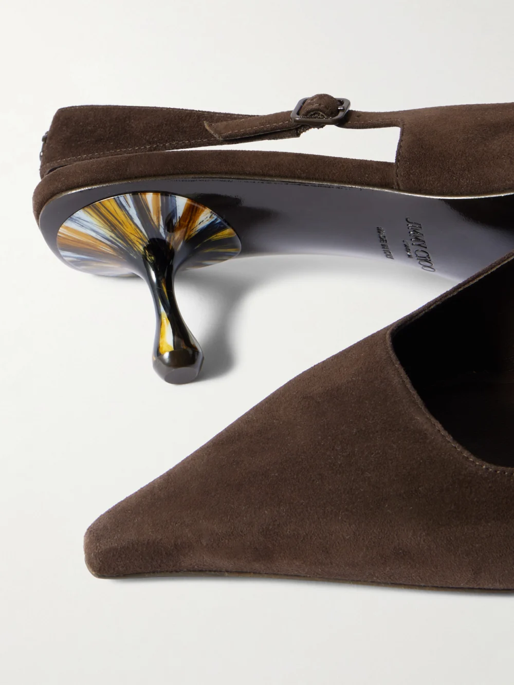 Close-up detail of the Jimmy Choo Amel 50 Suede Slingback Pumps