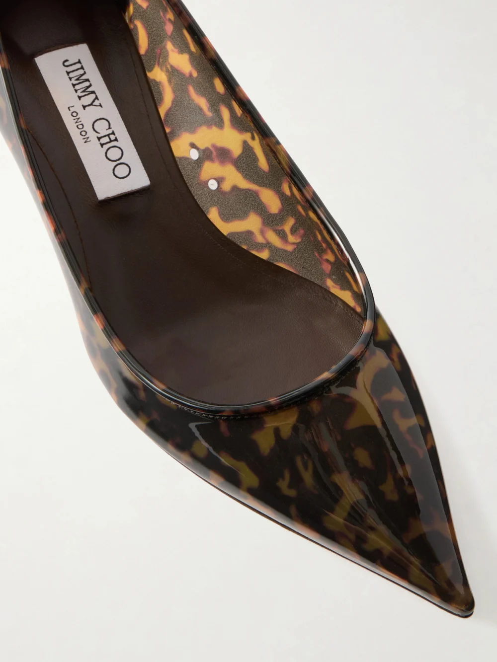 Close-up detail of the Jimmy Choo Amelia 30 Animal-print Pvc Pumps