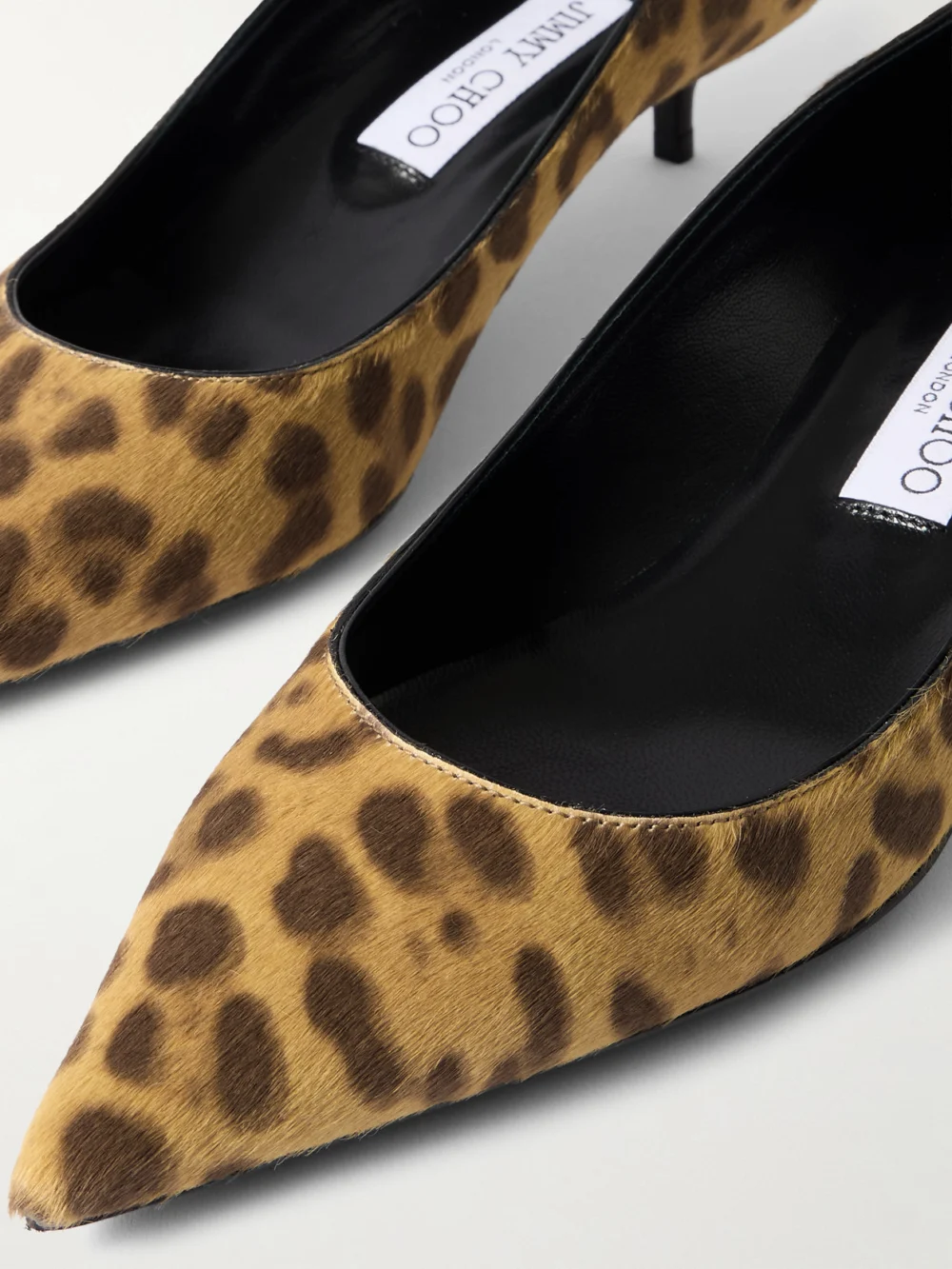 Close-up detail of the Jimmy Choo Amelia 40 Leopard-print Calf Hair Pumps
