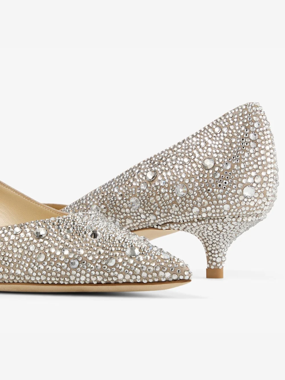 Back view of the Jimmy Choo Amelia Light Soft Gold Shimmer Suede Pumps with Crystal Hotfix