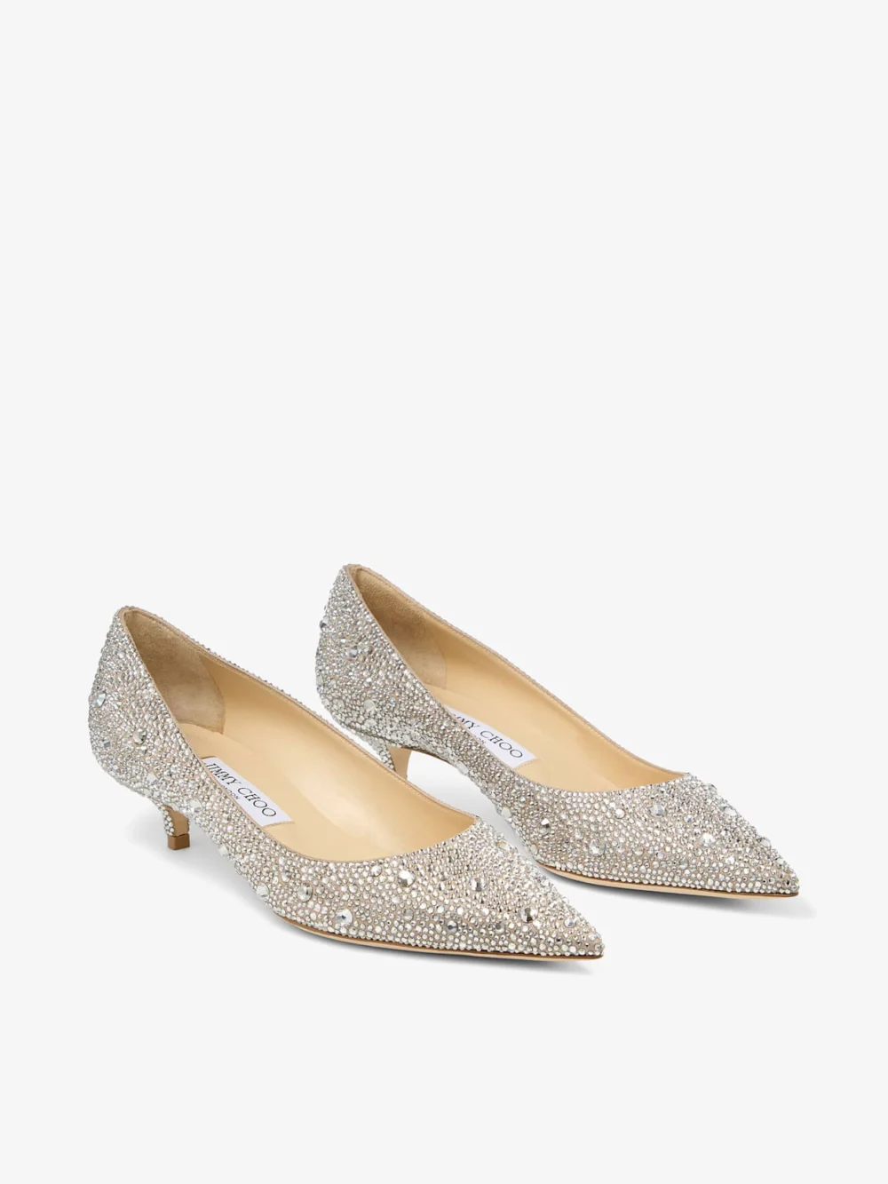Close-up detail of the Jimmy Choo Amelia Light Soft Gold Shimmer Suede Pumps with Crystal Hotfix
