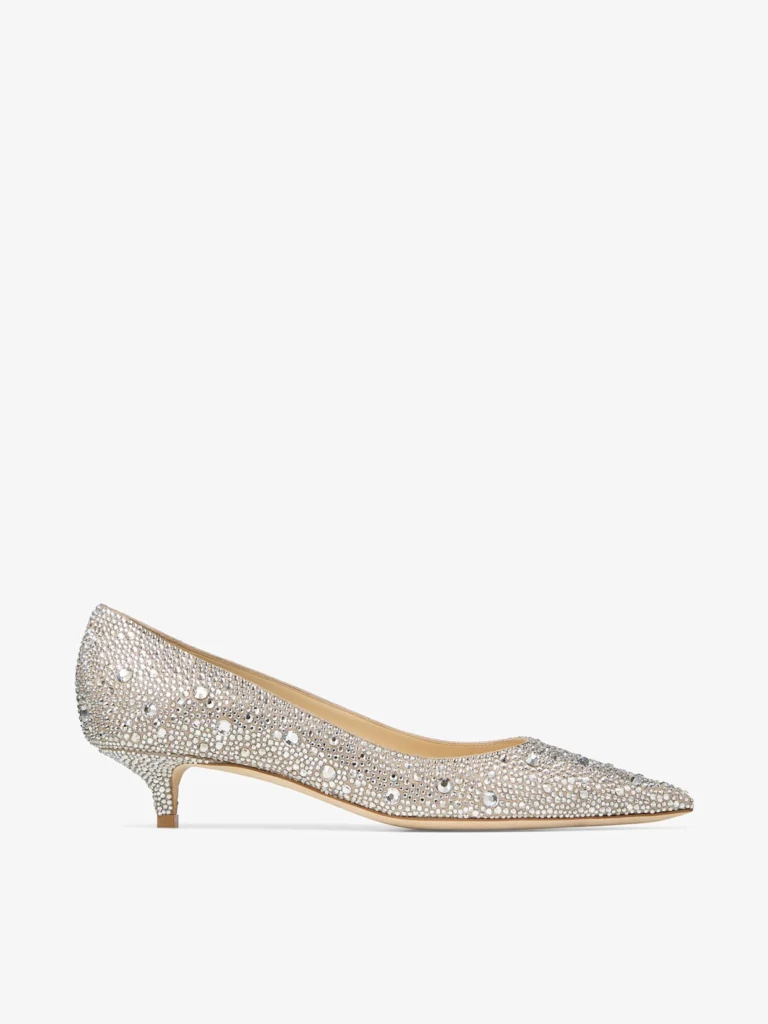 Jimmy Choo Amelia Light Soft Gold Shimmer Suede Pumps with Crystal Hotfix