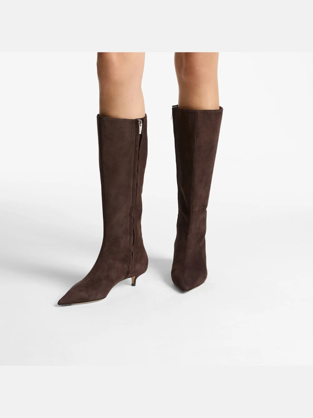 Side view of the Jimmy Choo Amis Knee Boot 35 Chocolate Suede Knee High Boots