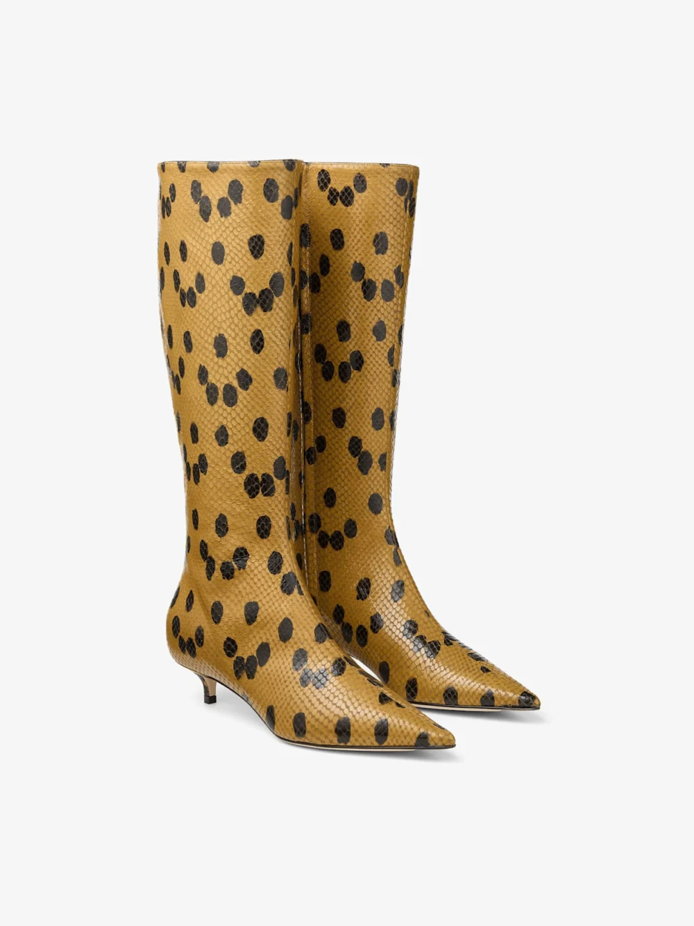 Back view of the Jimmy Choo Amis Knee Boot 35 Cigar and Black Spotty Elaphe Printed Leather Knee High Boots