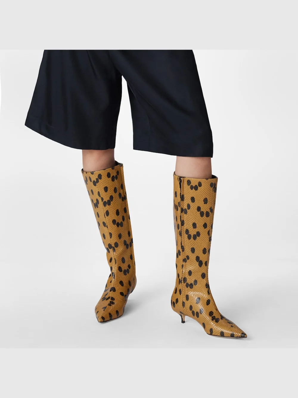 Close-up detail of the Jimmy Choo Amis Knee Boot 35 Cigar and Black Spotty Elaphe Printed Leather Knee High Boots