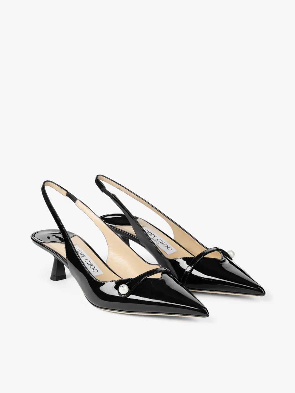 Close-up detail of the Jimmy Choo Amita 45 Black Patent Leather Slingbacks