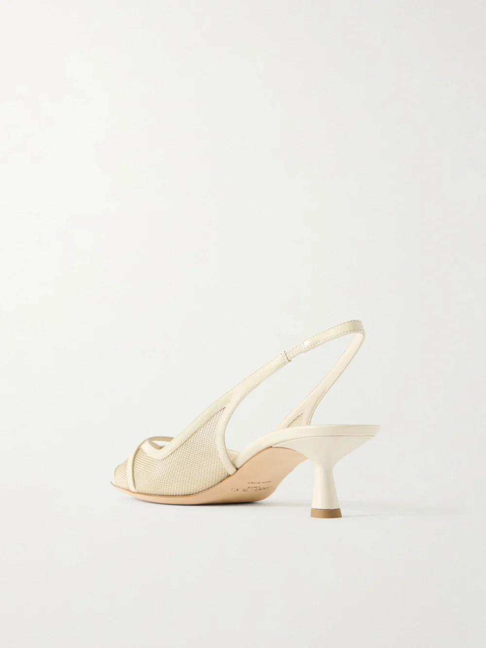 Back view of the Jimmy Choo Amita 45 Embellished Patent-leather Trimmed Metallic Mesh Slingback Pumps