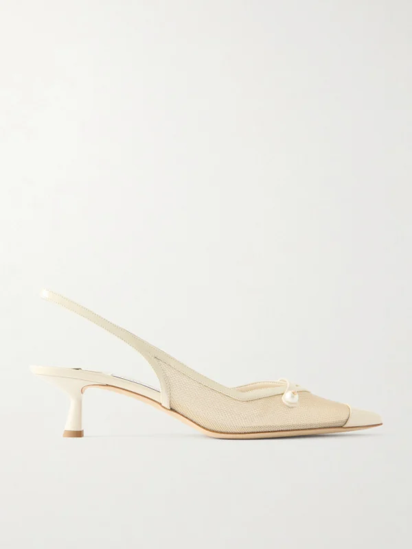 Jimmy Choo Amita 45 Embellished Patent-leather Trimmed Metallic Mesh Slingback Pumps