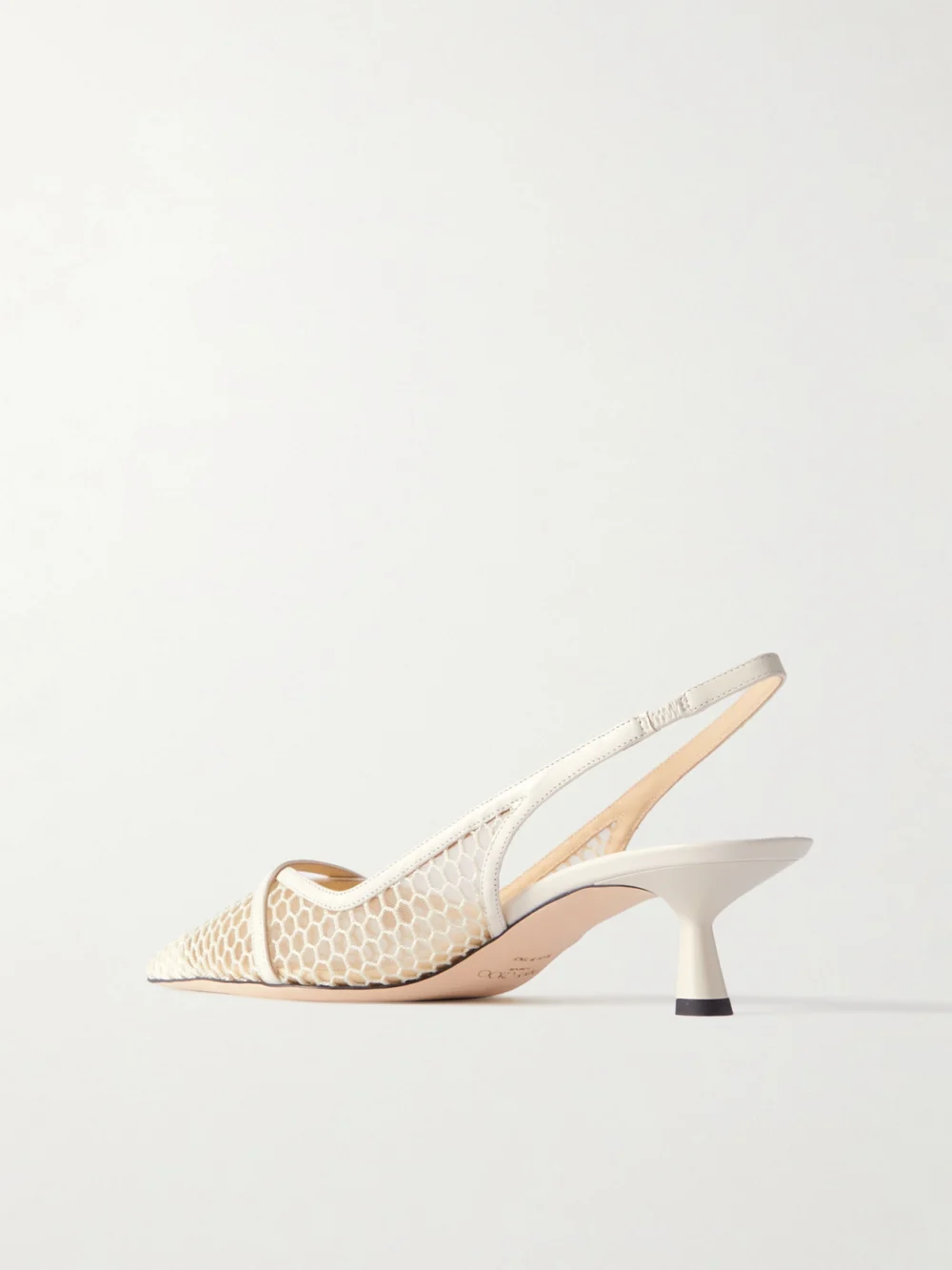 Back view of the Jimmy Choo Amita 45 Faux-pearl Embellished Leather-trimmed Mesh Slingback Pumps